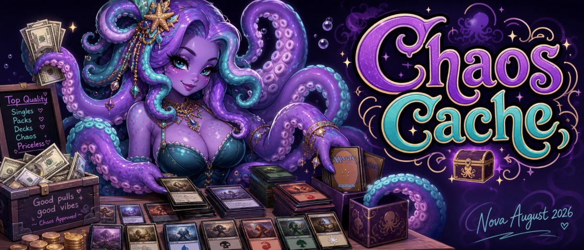 A smiling purple octopus shopkeeper with teal tentacles, surrounded by Magic cards, gold coins and a treasure chest labelled 'Good pulls, good vibes, Chaos Approved', beside the words Chaos Cache.